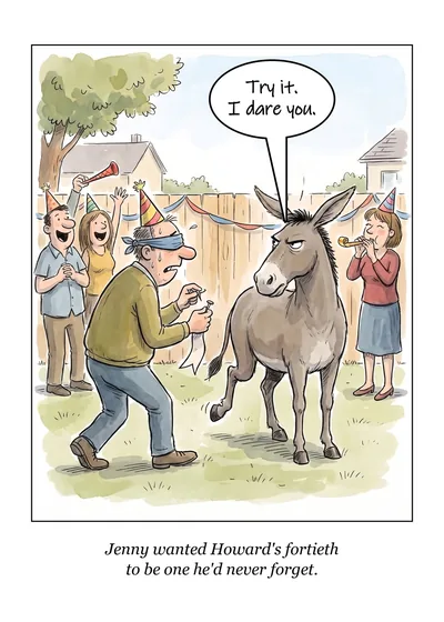 Never Forget birthday card: a blindfolded man holding a pin walks toward a donkey at a backyard party. Caption: Jenny wanted Howard's fortieth to be one he'd never forget.