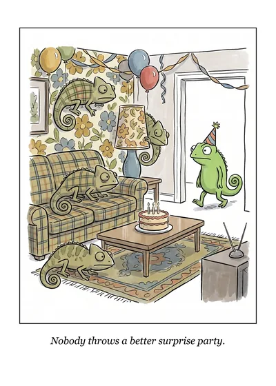 Surprise Party birthday card: chameleons hidden around a living room as the birthday chameleon walks in. Caption: Nobody throws a better surprise party.